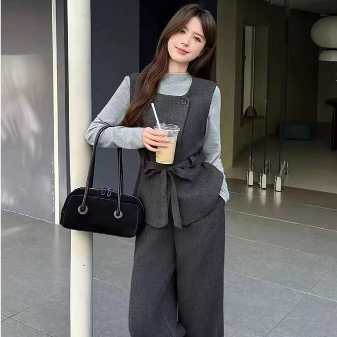 洋气简约风百搭时尚套装假两件优雅气质网红三件套