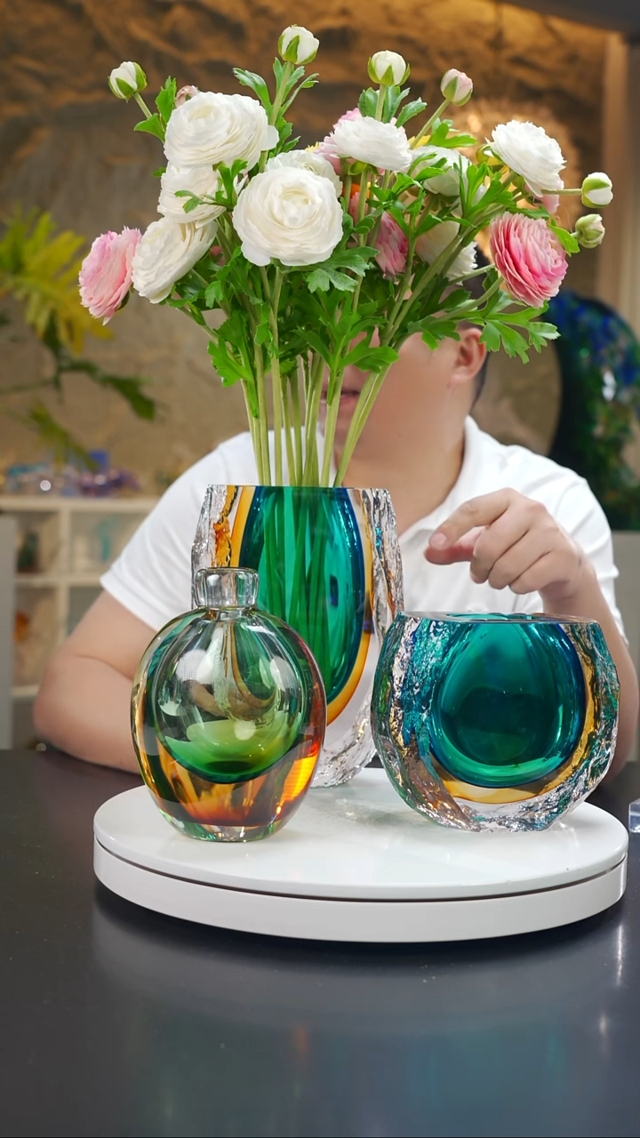 手工艺品琉璃蓝金色冰川纹花器一组+绿金色香薰瓶