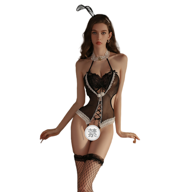 轻奢性感连体衣火辣蕾丝扮演制服套装复古塑身吊袜小胸镂空黑色