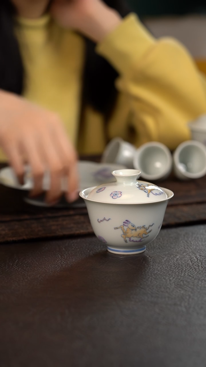 【闪购商品】杯活动价聚澜堂斗彩小鹿撇口盖碗