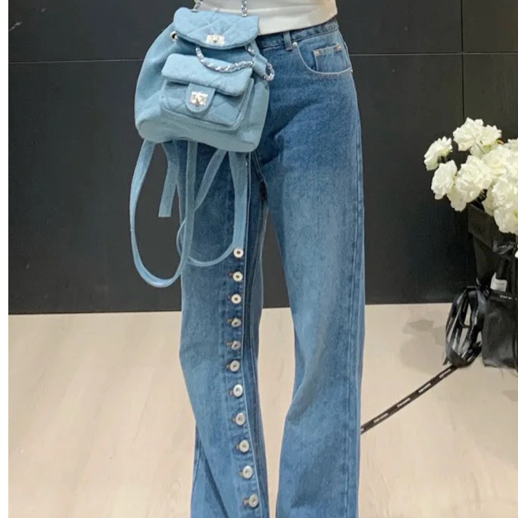 【排扣牛仔裤】2025春新款潮流排扣高腰显瘦窄款直筒牛仔长裤