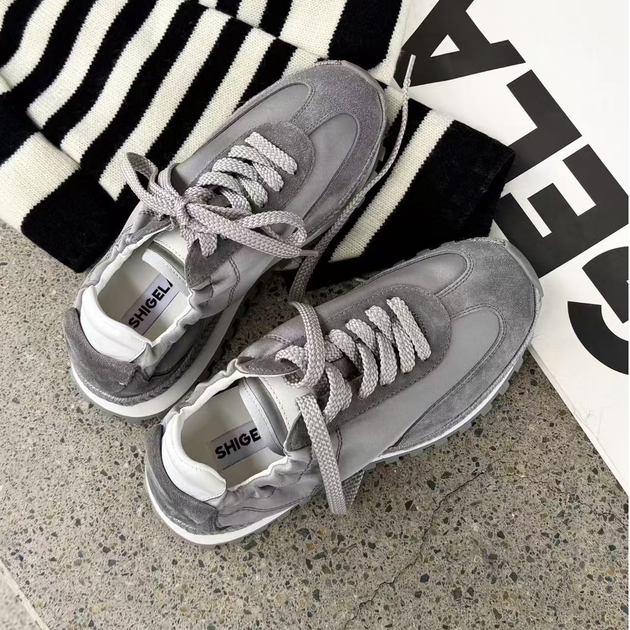 诗歌兰真皮女鞋2026春季新款时尚厚底轻便系带休闲运动鞋女