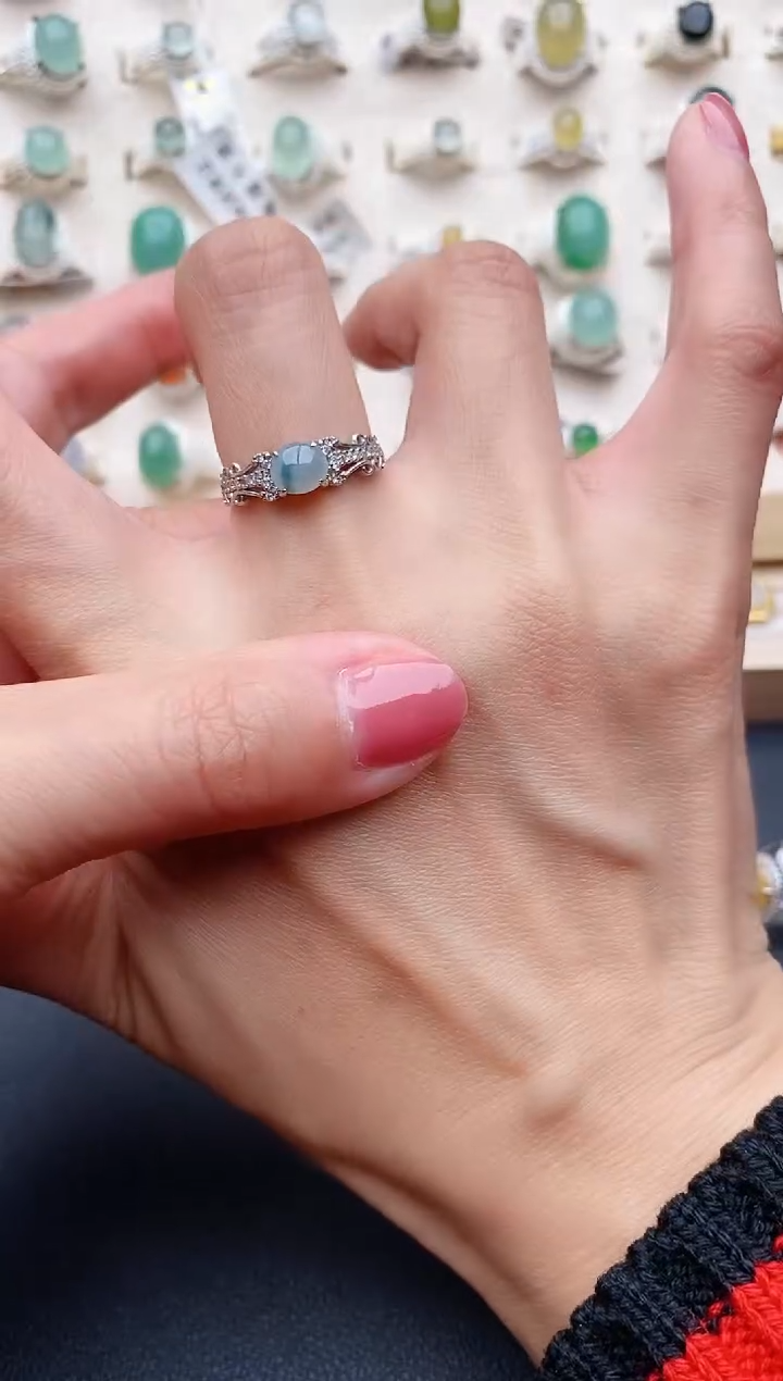 【闪购商品】翡翠戒指银S925镶嵌缅甸天然翡翠222   4-5