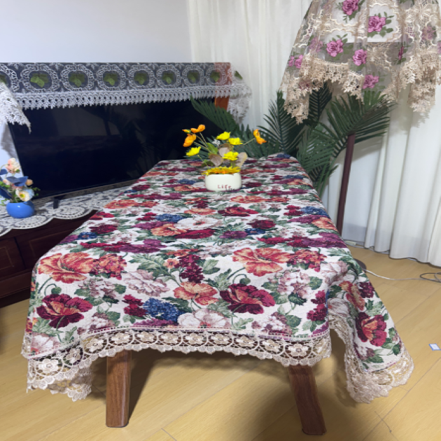 ZN102-220棉麻交织布【110*160】米白色百花齐放水溶边桌布茶几布