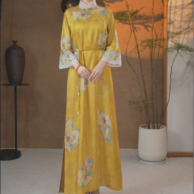 【琉璃黄+天青色】棋云院夏季中国风长袖连衣裙汉服古风古装