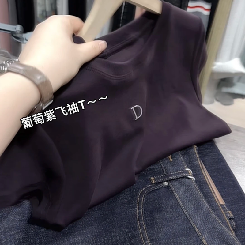 葡萄紫飞袖棉体恤韩版短袖t恤女宽松显瘦显白圆领D字母气质上衣女