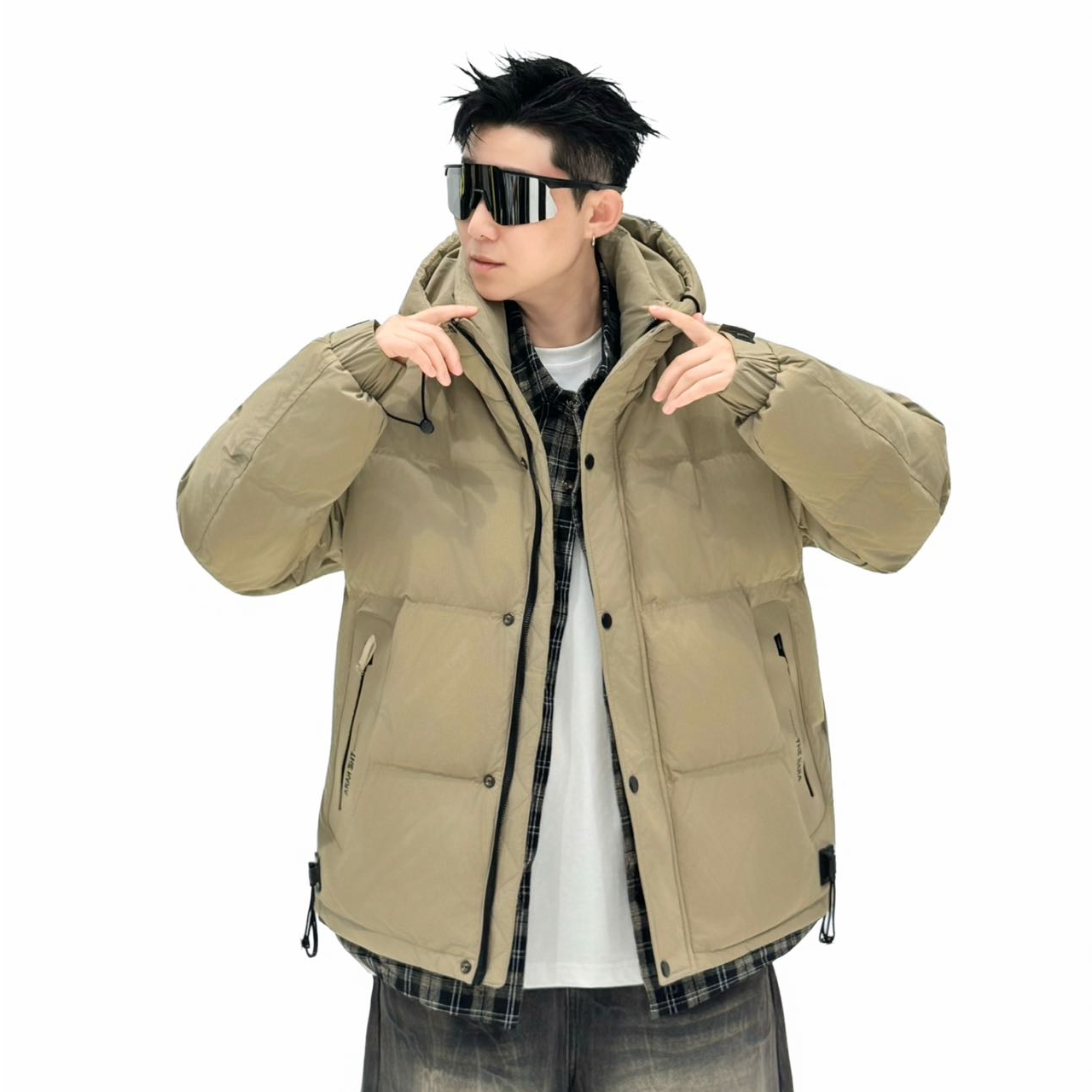 保暖扎染格子连帽常规拉链休闲男装短款秋冬时尚