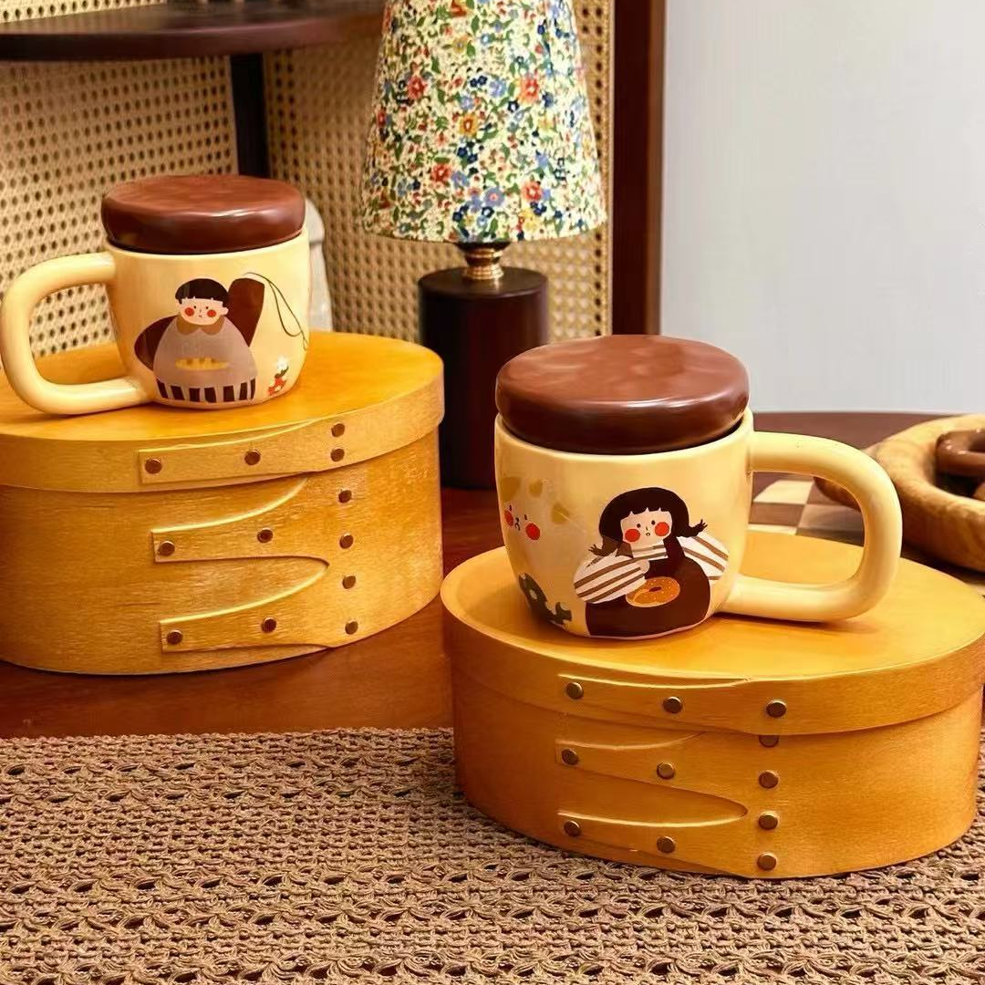 高颜值巧克力面包盖可爱男孩女孩陶瓷马克杯创意