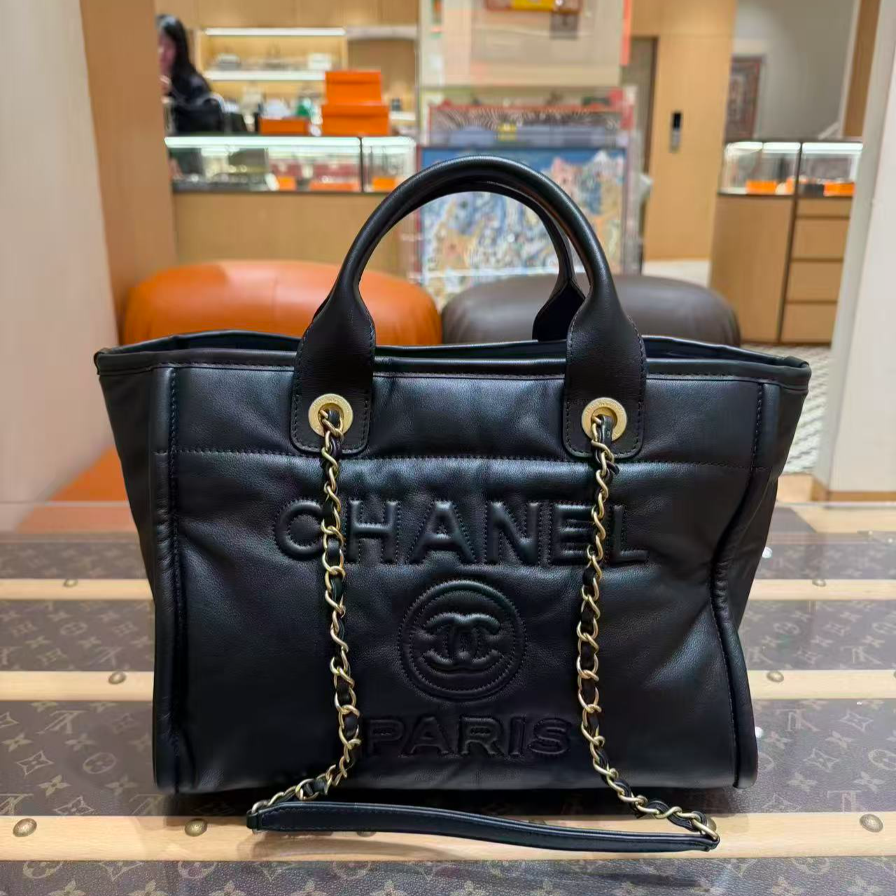 99新 Chanel/香奈儿 23B黑金牛皮沙滩包子母购物袋 芯片款 