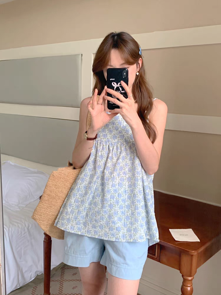 日系甜美蓝色碎花吊带衬衫少女夏文艺小清新可爱休闲无袖背心衬衣
