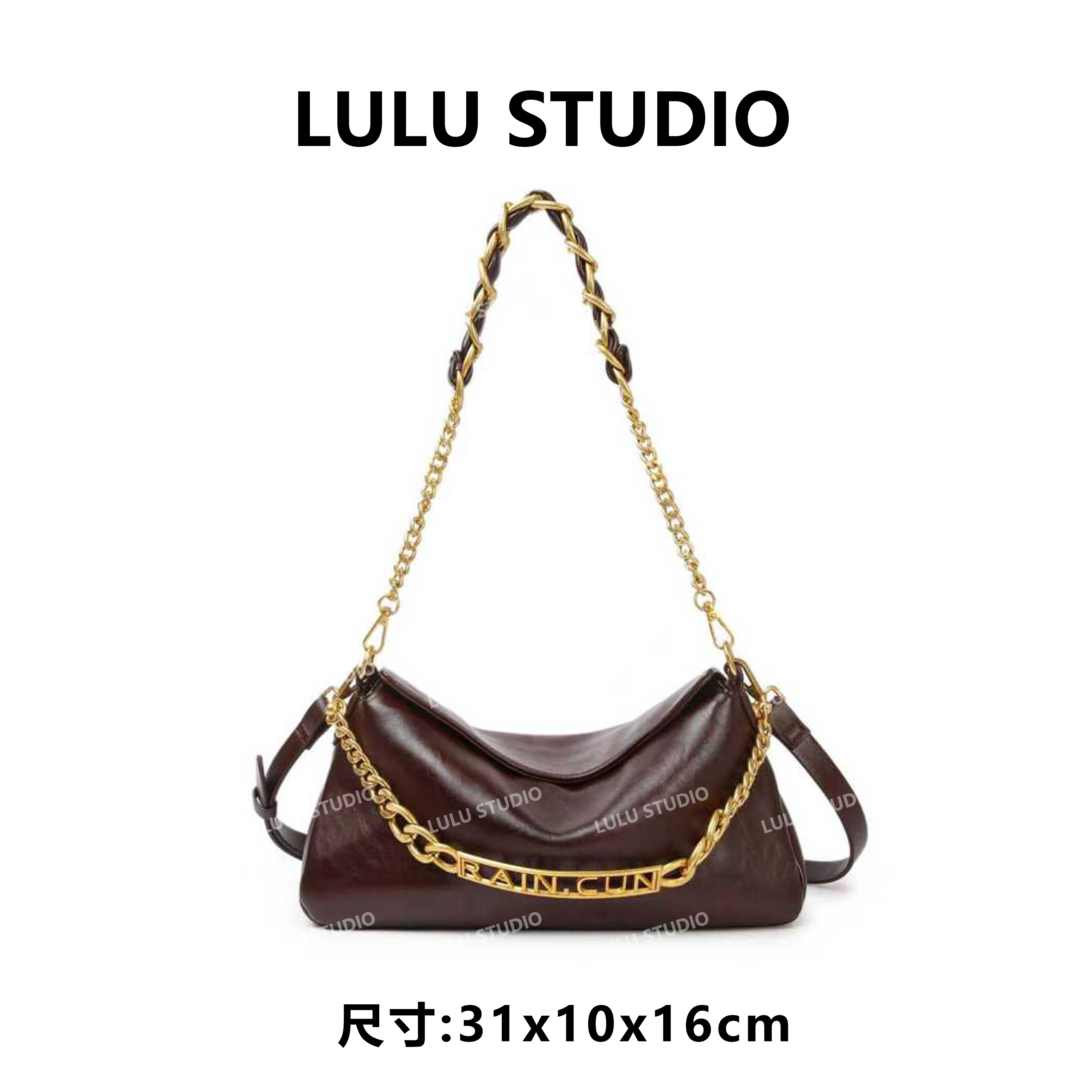 【LULU】BF-66603-深棕色RAIN.CUN气质时尚百搭简约斜跨轻奢女包