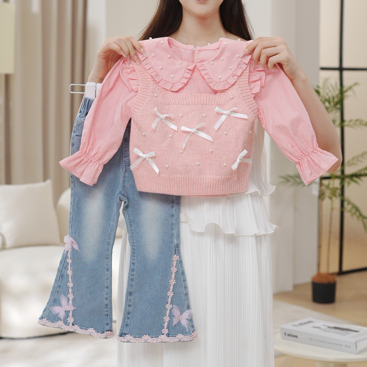 2025秋季新款高级感粉色女马甲毛衣衬衫裤子套装三件套QA30572