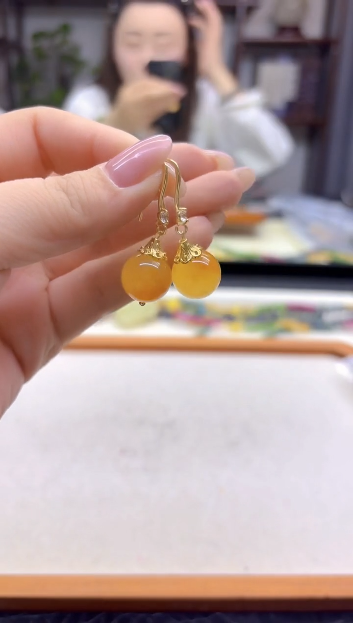 14K金镶嵌翡翠耳饰DIY款E966