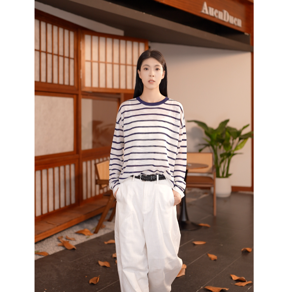  亚麻针织凉感防晒条纹长袖罩衫 轻薄透气夏日防晒半透视针织衫