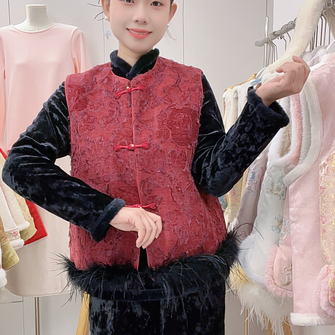 [胭脂]新中式国风加棉马夹红色加厚洋气气质织花提花圆领女士马甲