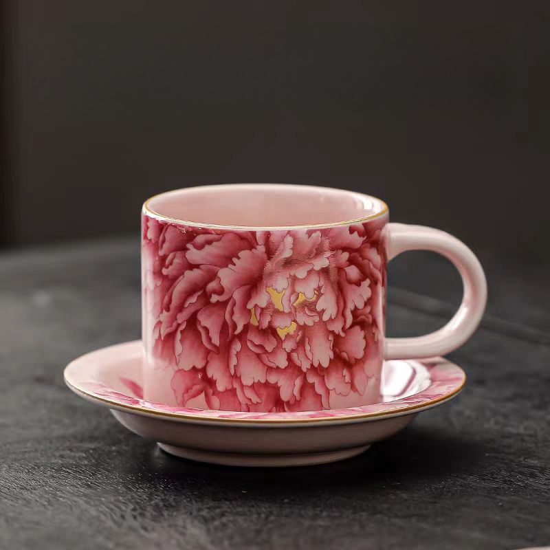 SD粉汝窑咖啡杯有耳茶杯女士高档家用功夫茶具陶瓷杯碟G  2400