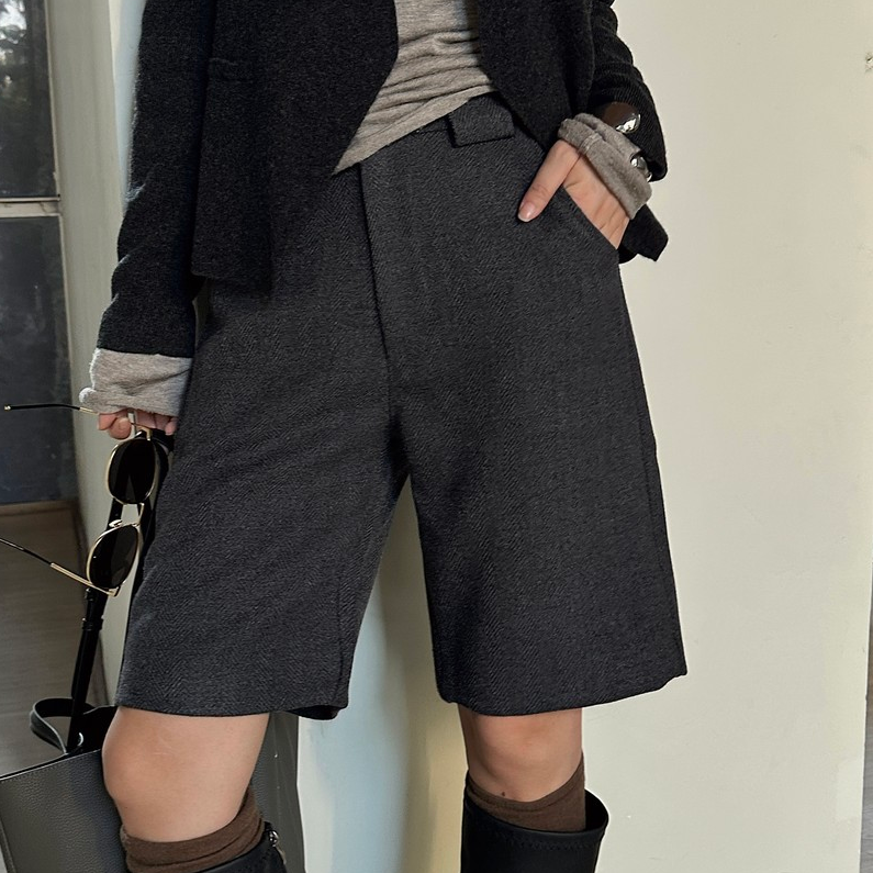 2025【赫本午后短裤】毛呢撞色人字纹帅气直筒裤短裤