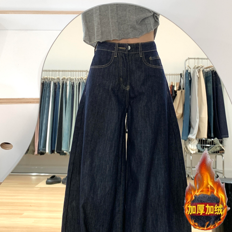 180高个子175加长深蓝色丹宁加绒牛仔裤女宽松高腰大阔腿裤拖地裤