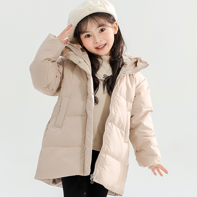 90现货小黄鸭羽绒服纯色中长款羽绒服连帽儿童女时尚羽绒外套