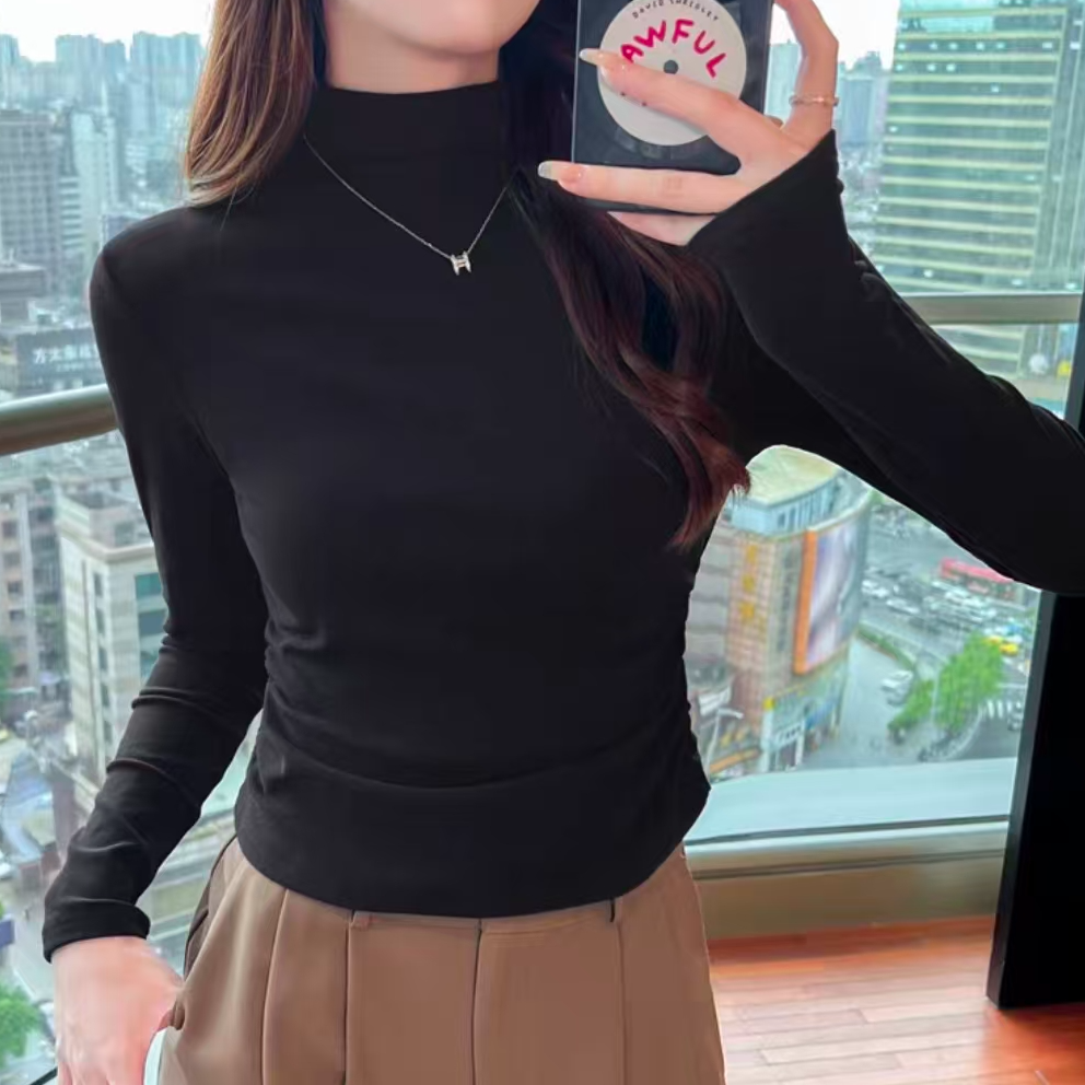 秋冬新款时尚半高领纯色褶皱打底衫百搭T恤长袖女上衣5571长56