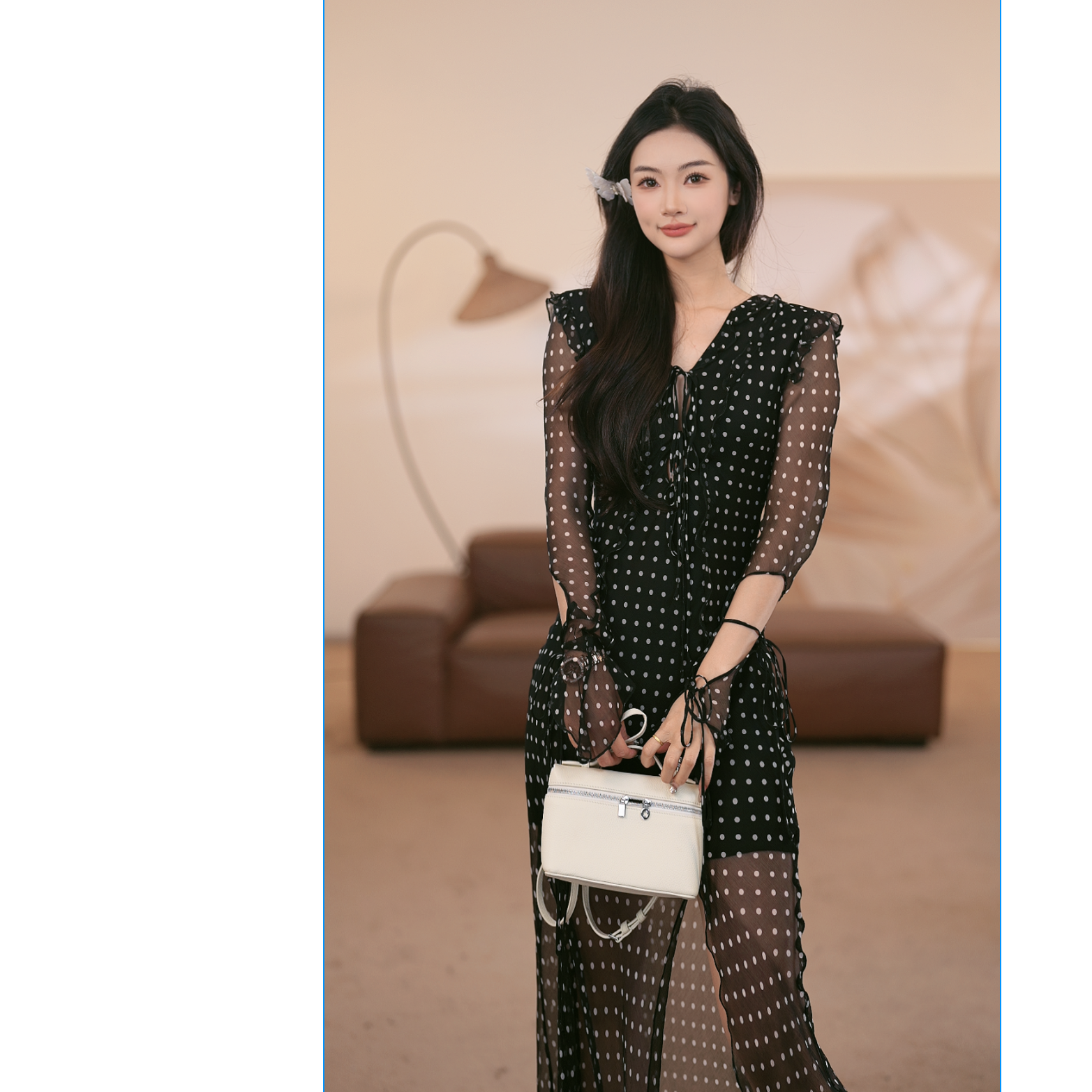 【羊羊】8955 轻盈波点印花斜裁真丝绉纱肌理设计感绑带袖连衣裙