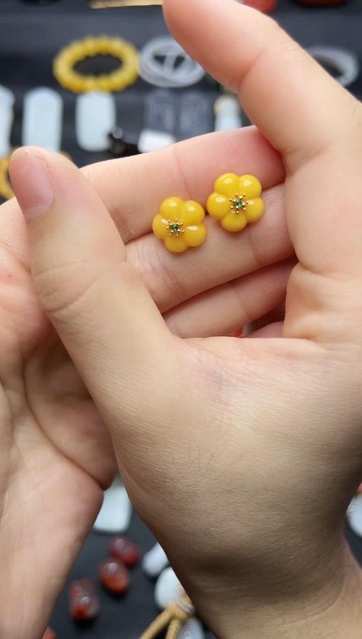 琥珀银S925镶嵌耳饰花花耳钉06