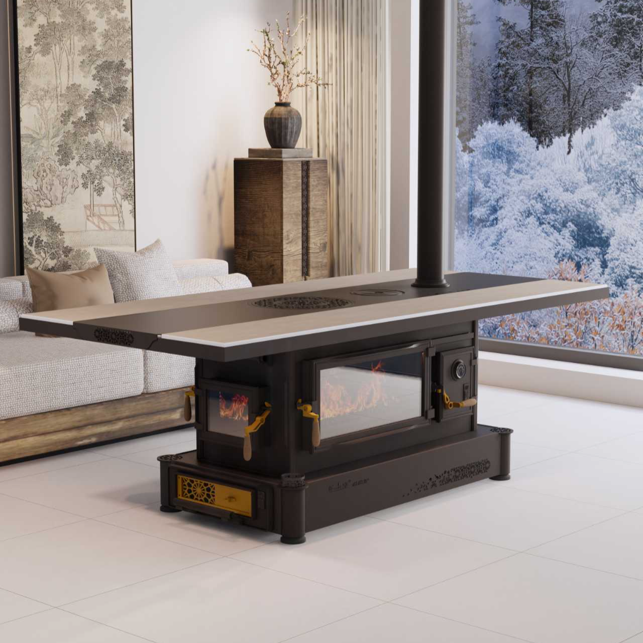 彪彪炉“观冬”三面玻璃观火柴煤两用炉多功能家用取暖柴火灶烤火炉