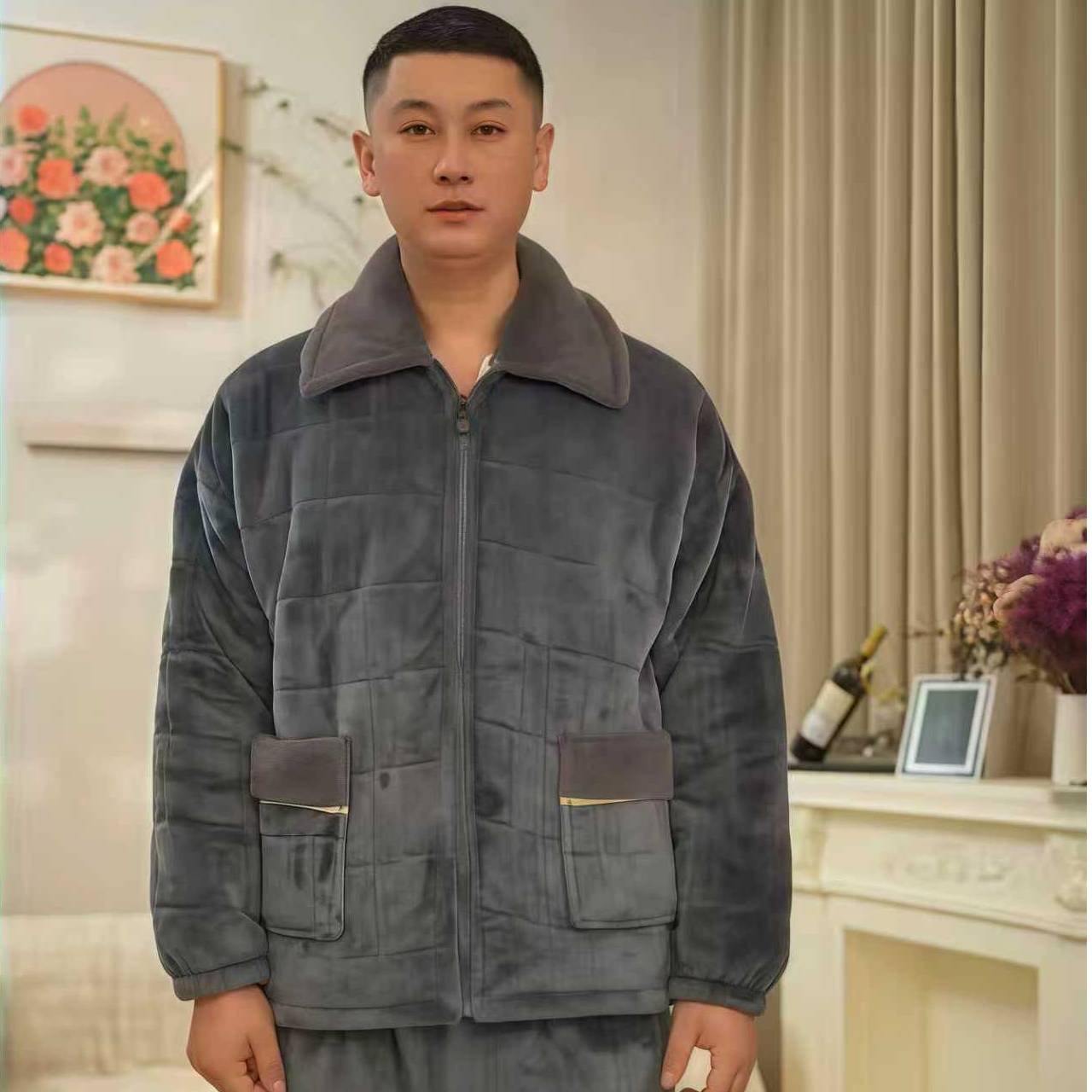 男款睡衣加绒加厚秋冬季保暖珊瑚绒可外穿双层翻领冬天竖领家居服