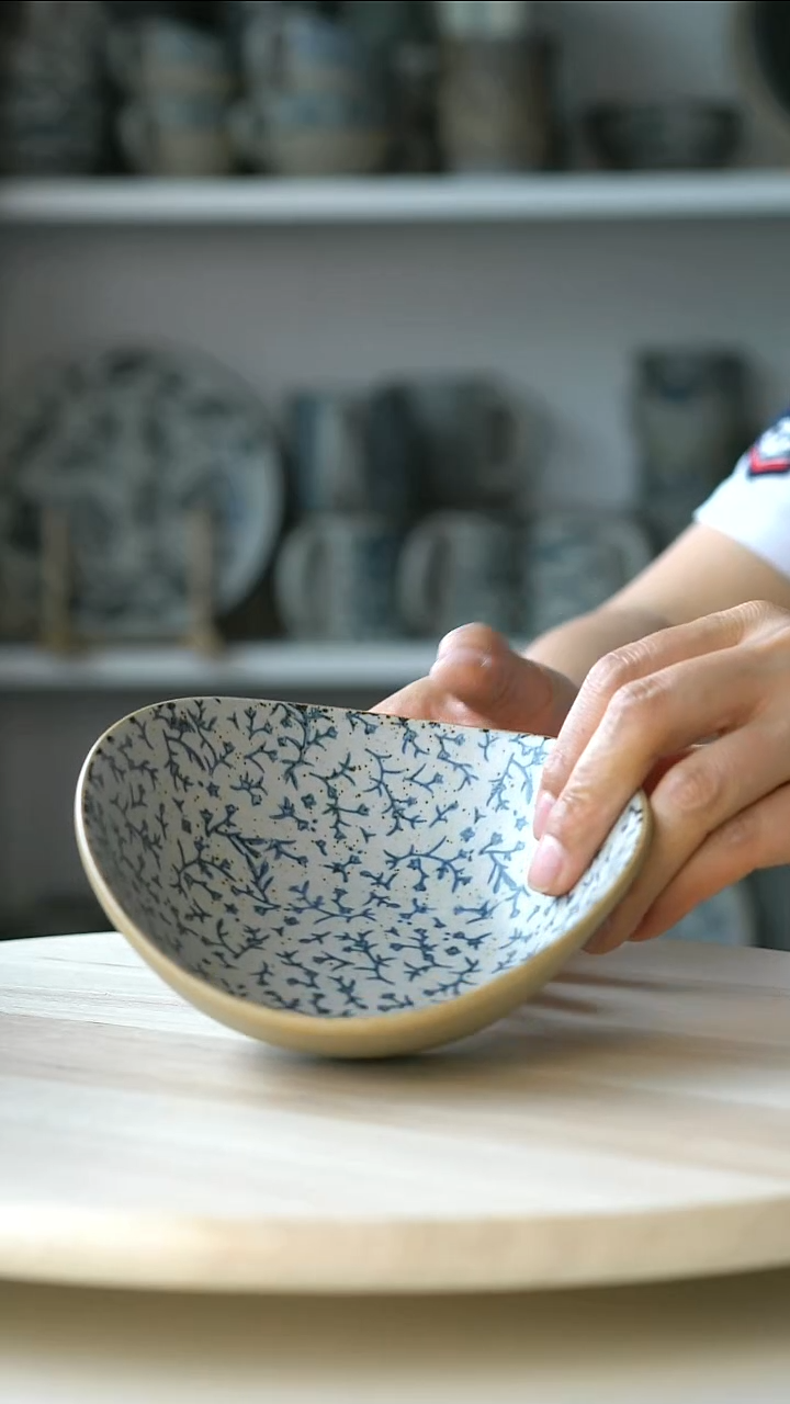 陶瓷粗陶手绘悠然花海浪碗16cm@4-2@