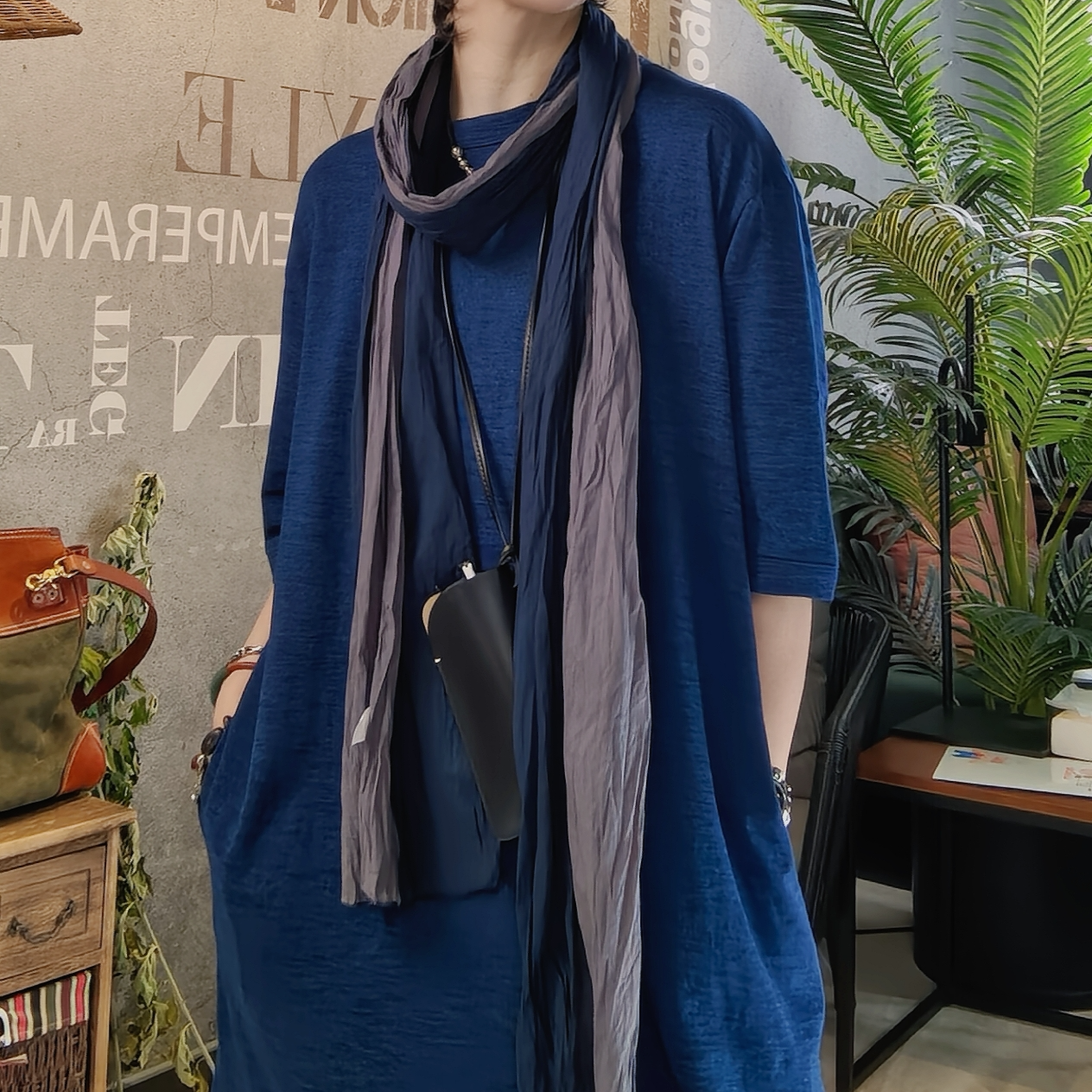 时尚百搭设计感双面拼色围巾休闲复古中长款拼接民族风