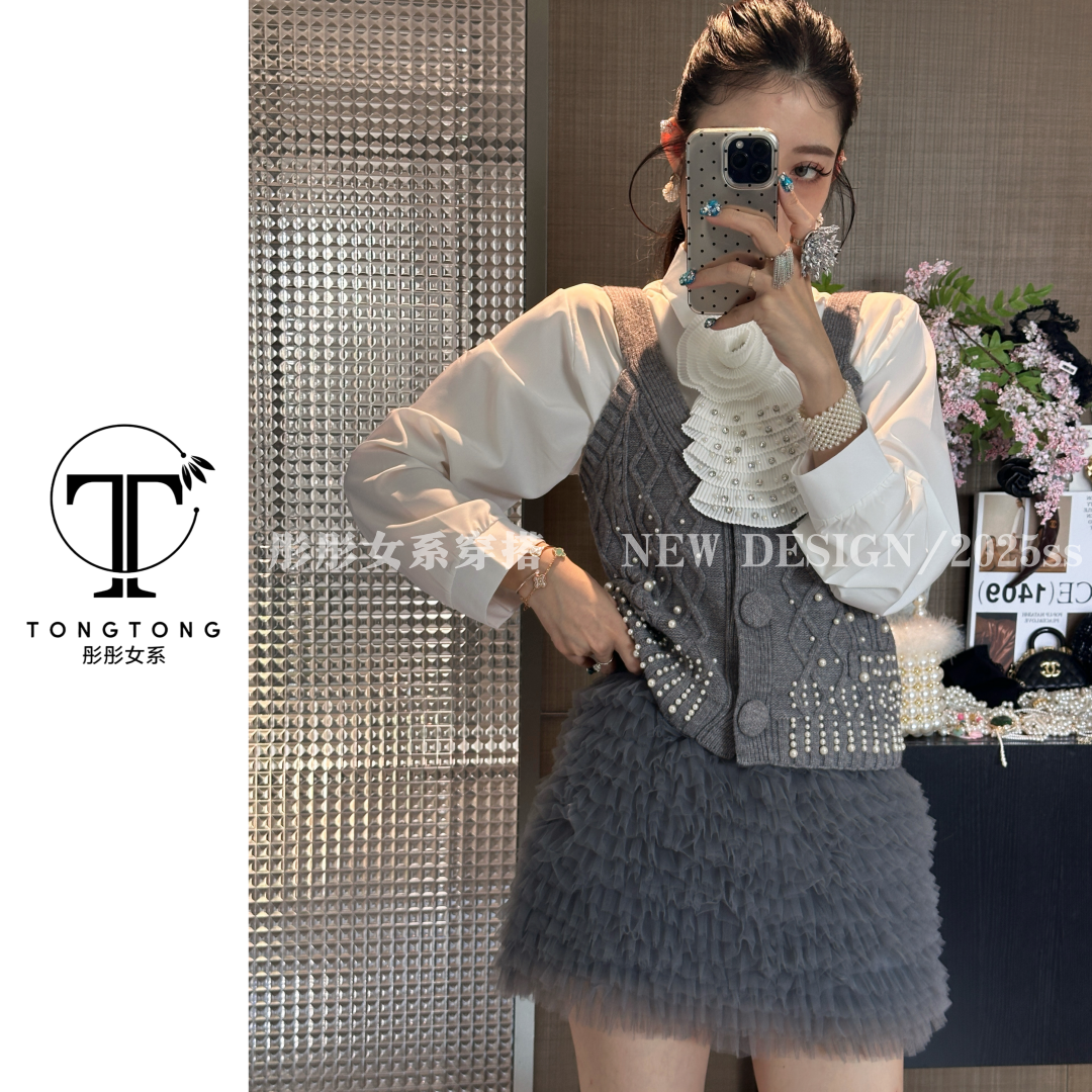 TongTong女系 常规款蕾丝针织拼接薄款衬衫包袖钉珠法式轻奢