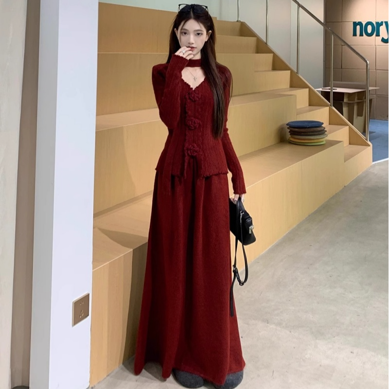 2025新款本命年战袍春节chic别致红色毛衣套装裙子一整套过年穿搭