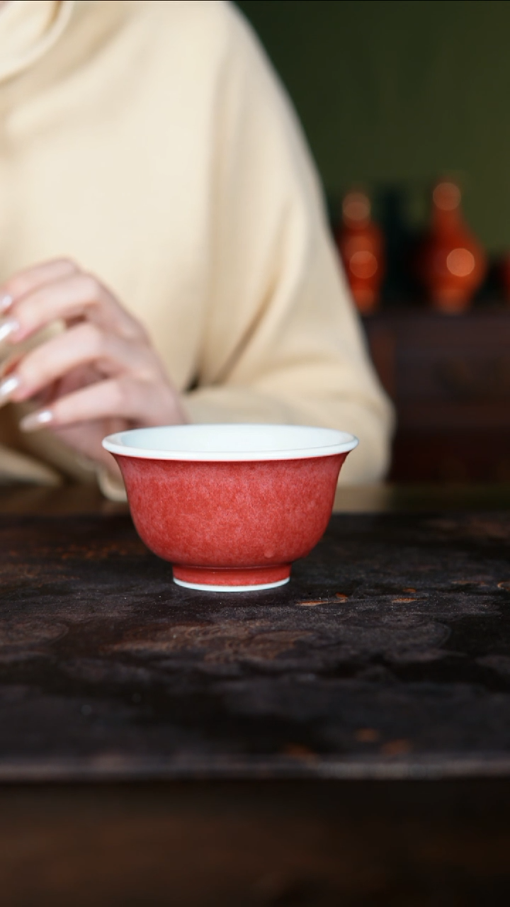 盖碗二*花景德镇纯手工陶瓷豇豆红