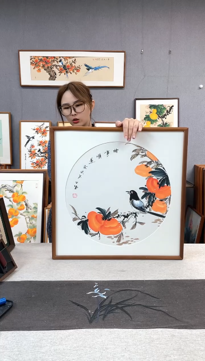 【闪购商品】国画手写手绘带框作品-52*52-柿子