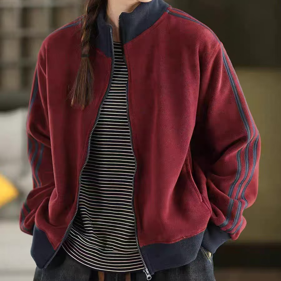 17197新款秋冬加绒加厚撞色条纹时尚百搭立领外套