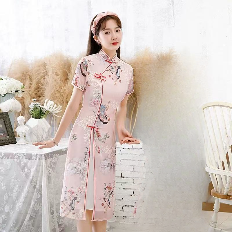 0665 粉色【小天鹅】前开叉 奥戴 旗袍