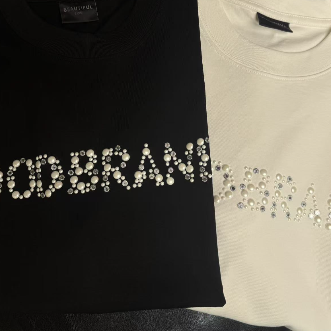 夏季新款2025美式高街潮牌上衣 贝壳珍珠亮片宽松百搭高级短袖t恤