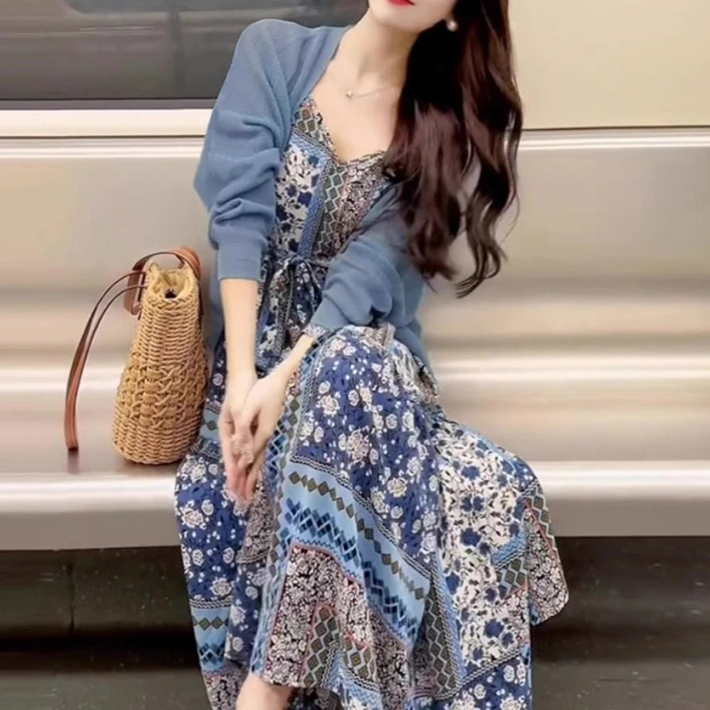 【两件套】高级感超好看法式绝美蓝色开衫碎花吊带连衣裙套装