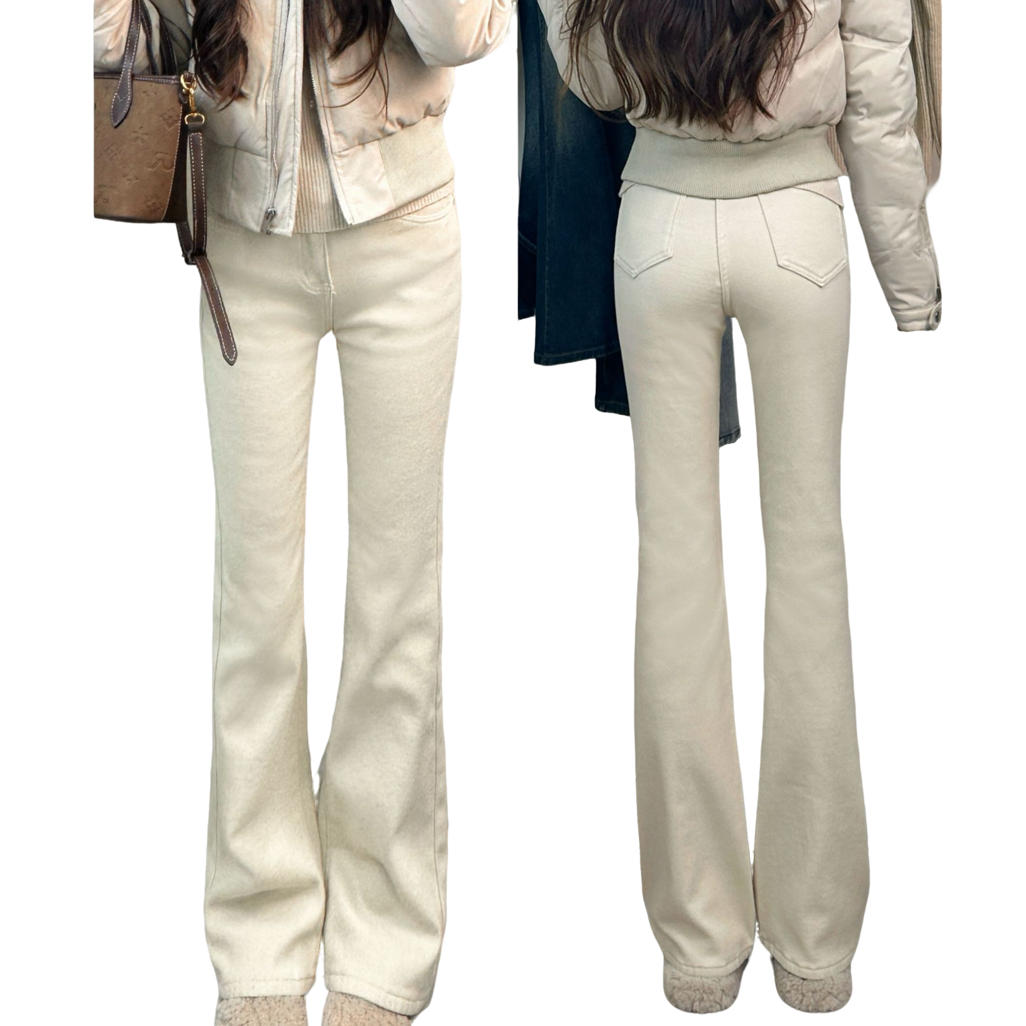 浅卡其色不掉色微喇牛仔裤女冬季小个子高腰显瘦喇叭拖地裤加绒