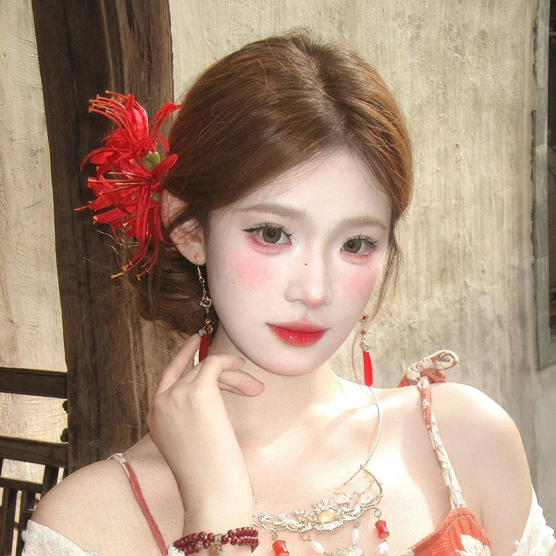 红色彼岸花仿真花发夹边夹侧边后脑勺复古精致高级感森系仙气发饰