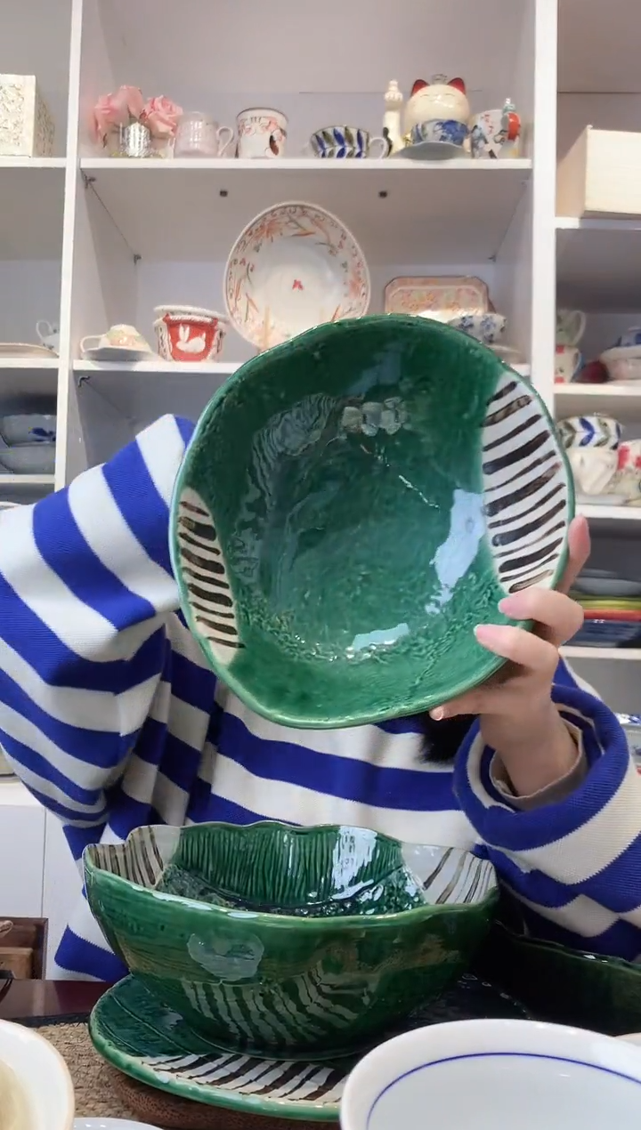 陶瓷濑户烧织部十草大叶型钵24cm