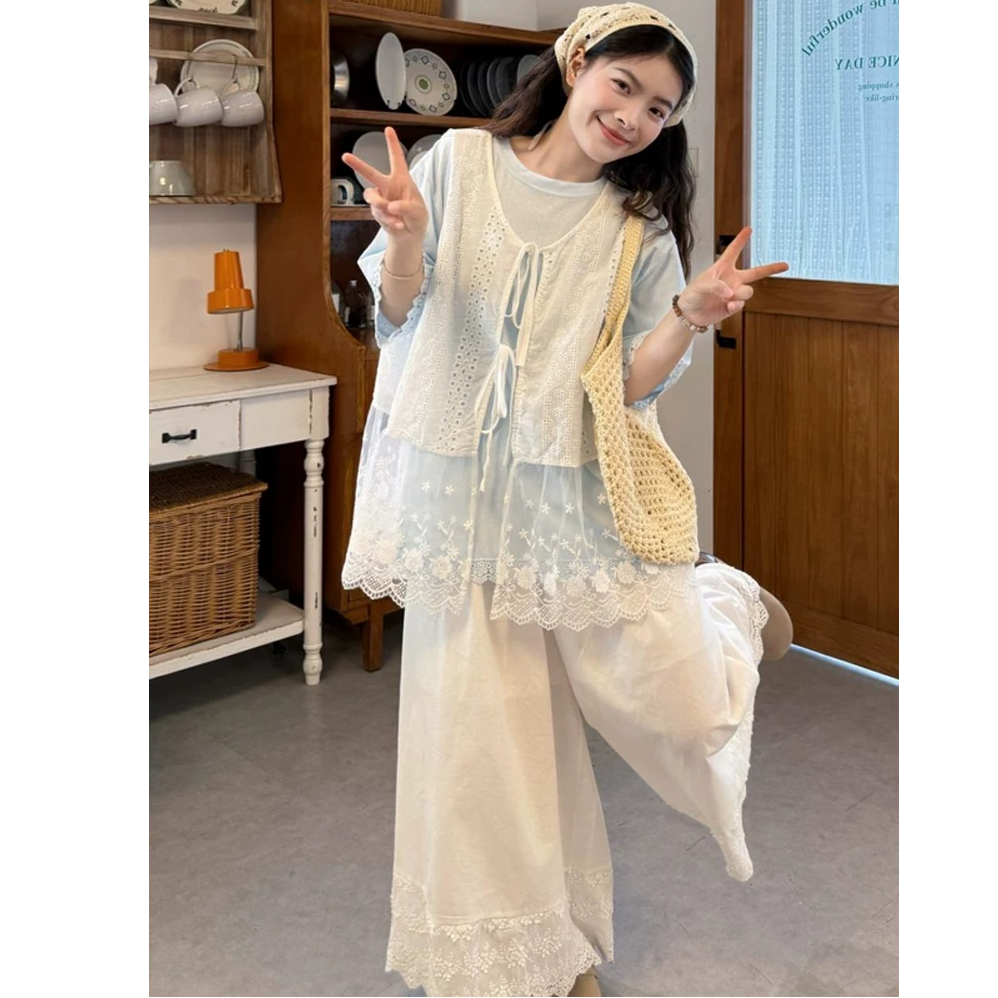 2025夏新款韩版宽松花边T恤+拼接系带叠穿马甲+长裤