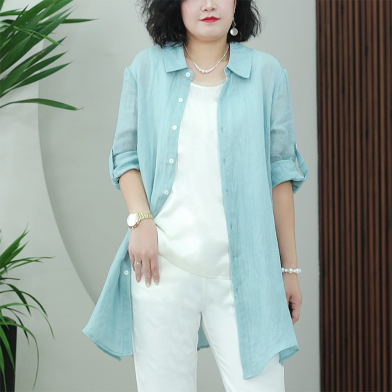 天丝麻中长款衬衫人字纹清凉可调节袖大码宽松A版夏季外套防晒女
