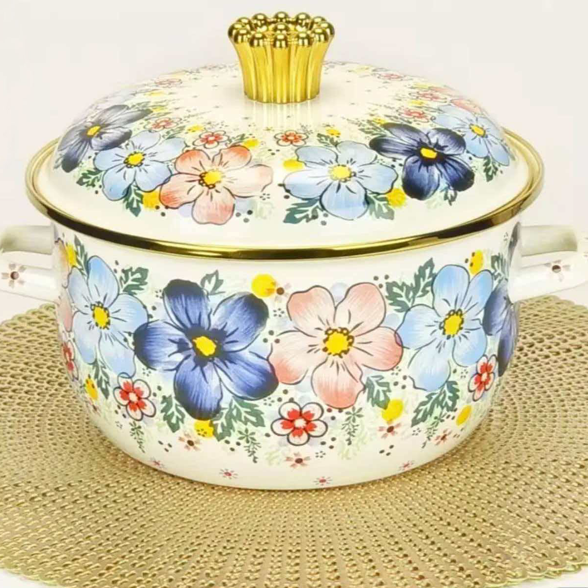 新款搪瓷双耳汤锅老式珐琅搪瓷烧锅猪油罐带盖碗装猪荤油罐子A