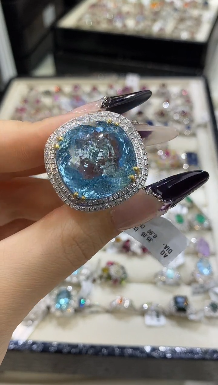 银S925镶嵌戒指定制海蓝宝石楚楚珠宝中古甄选不退换