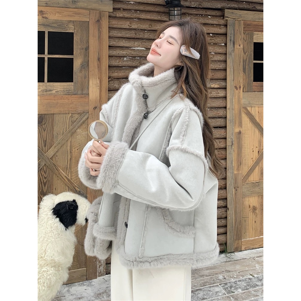 La Chapelle拉夏贝尔保暖加绒加厚皮毛一体外套女秋冬新款小个子