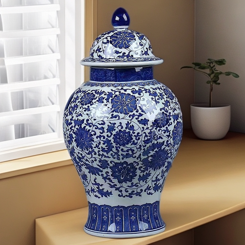 （高51cm）景德镇陶瓷器青花缠枝莲纹大号落地将军罐办公室客厅装饰