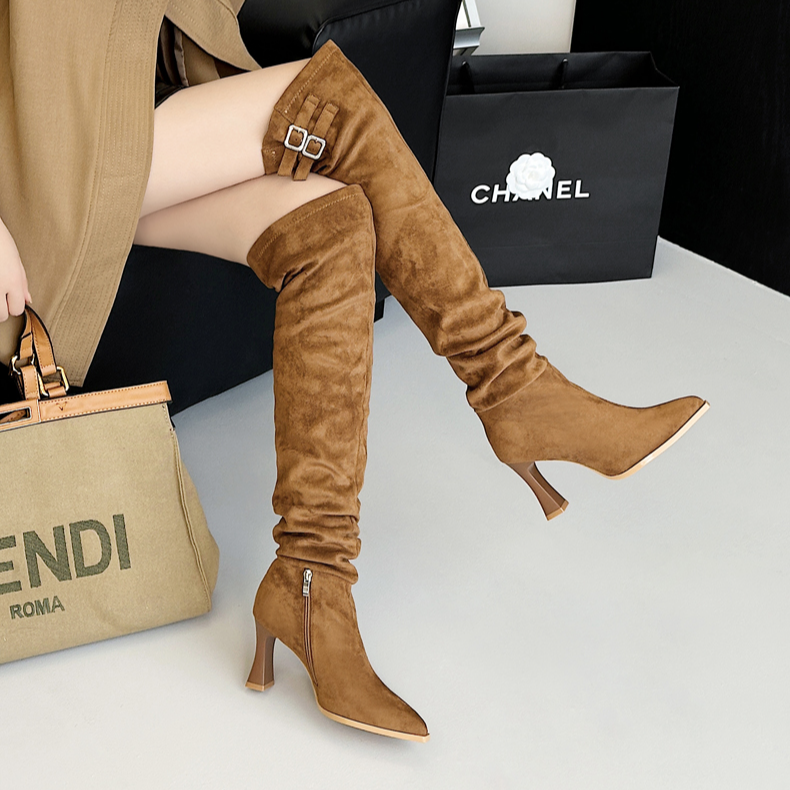 韩版简约绒面过膝及膝长靴性感尖头皮带扣小粗跟褶皱气质百搭套筒