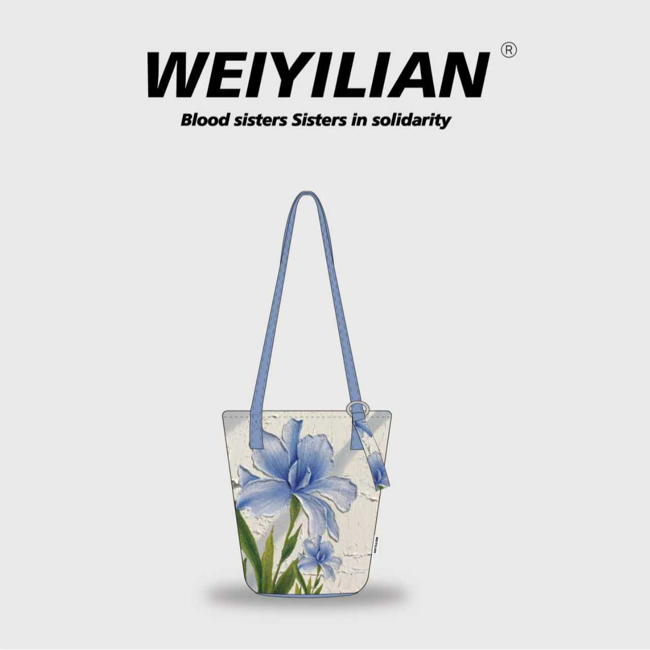 WEIYILIAN蓝色肌理百合花大容量时尚单肩斜挎水桶包WYL561-28