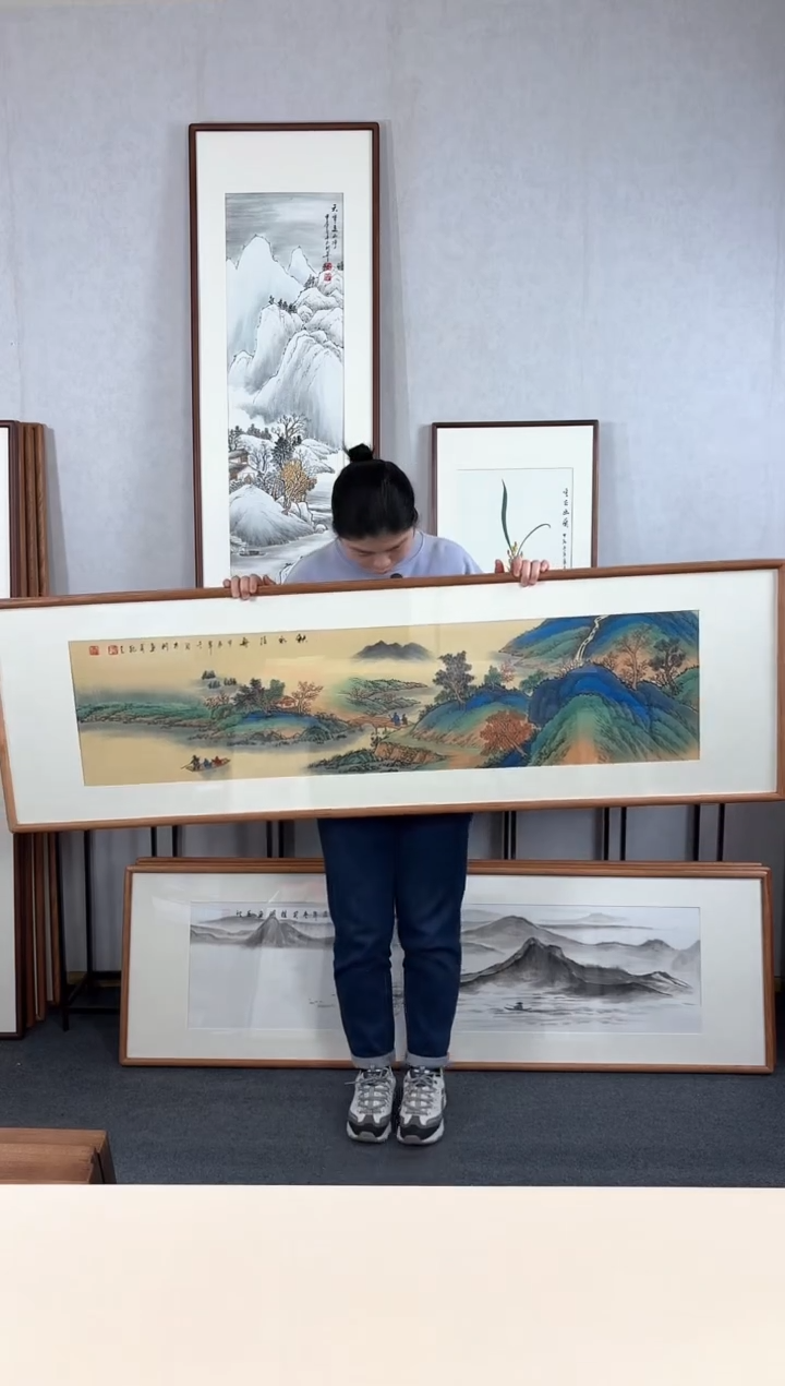 【闪购商品】国画手绘*秋水泛舟*52*172cm实木框